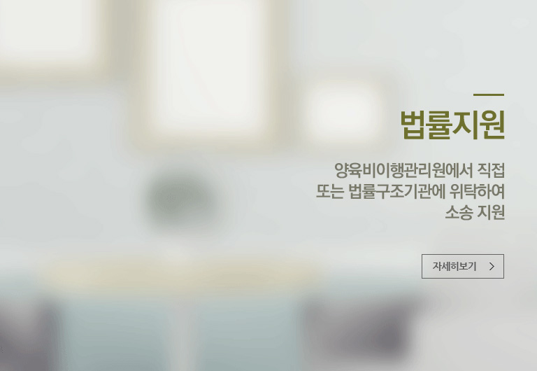 법률지원 : 양육비이행관리원에서 직접 또는 법률구조기관에 위탁하여 소송 지원 / 비양육부,모를 상대로 하여 양육비 청구,인지 청구 소송 등을 진행합니다.